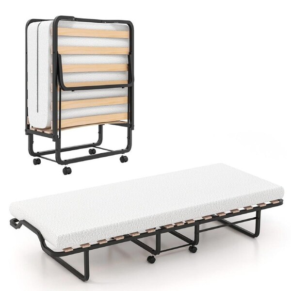 Giantex Folding Bed with Mattress Roll Away Adult Guest Bed Portable Rolling Metal Bed Frame