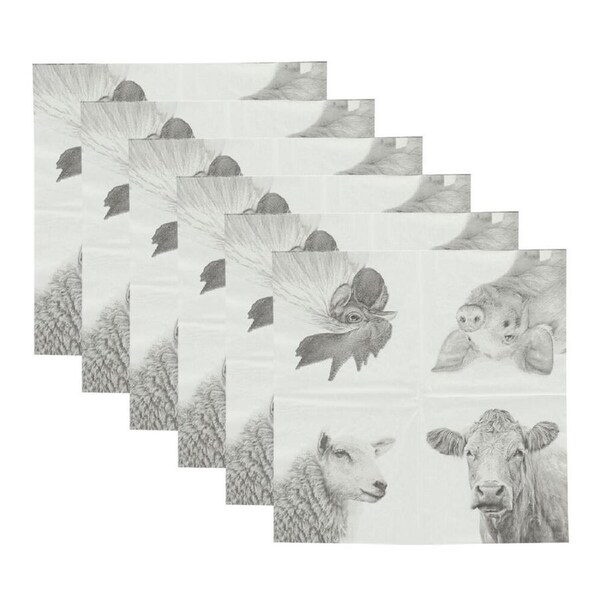 6PK Esschert Design Paper 3-ply Napkin Large Farm Animals Serviette Black/White