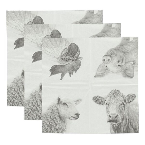 3PK Esschert Design Paper 3-ply Napkin Large Farm Animals Serviette Black/White