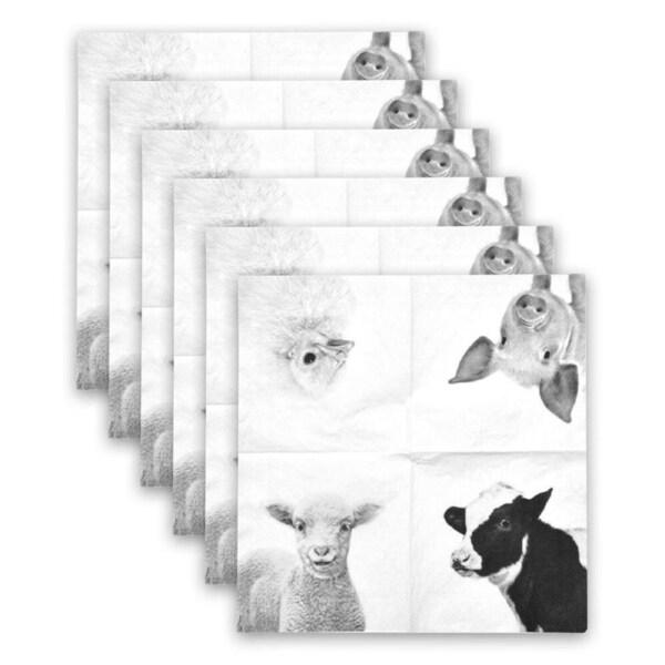 6PK Esschert Design Paper 3-ply Napkin Small Farm Animals Serviette Black/White