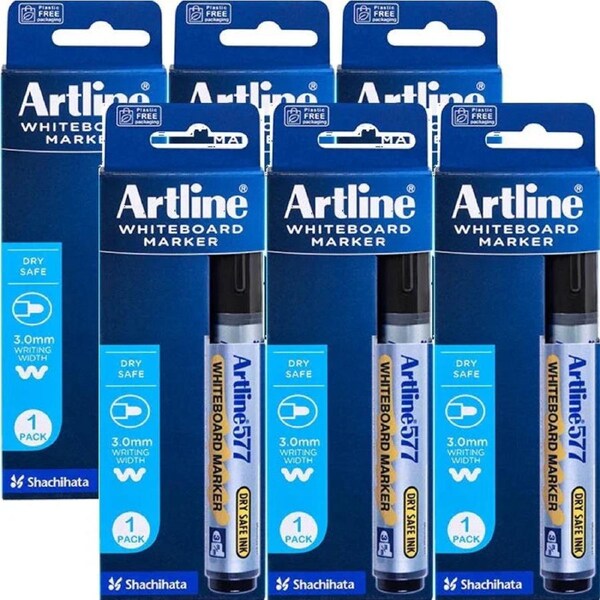 Artline 577 Whiteboard Marker 3mm Bullet Black 6 Pack Hangsell