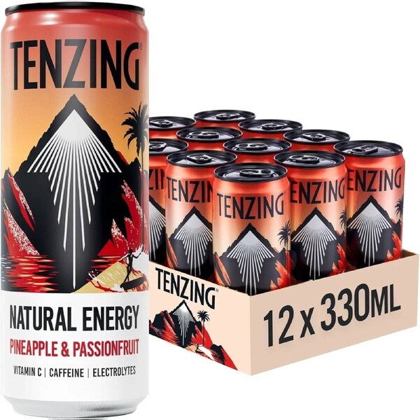 TENZING Natural Energy Drink Vegan Gluten Free Pineapple & Passionfruit 330ml Can 12 Pack