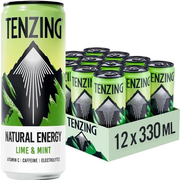 TENZING Natural Energy Drink Vegan Gluten Free Lime & Mint 330ml Can 12 Pack
