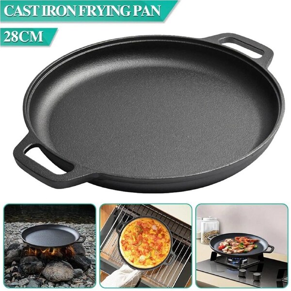 28cm Cast Iron Frying Pan Nonstick Steak Skillet Round BBQ Grill Cookware Frypan