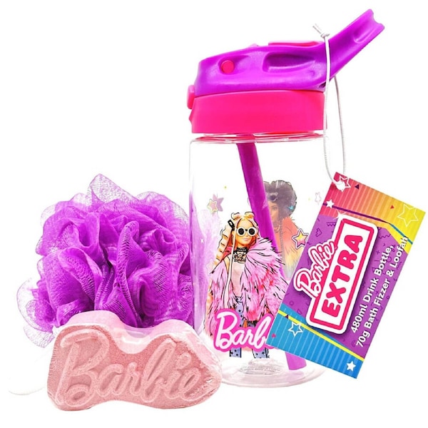 Disney Barbie Extra Range Drink Bottle Set 480ml Bath Fizzer 70g Loofah