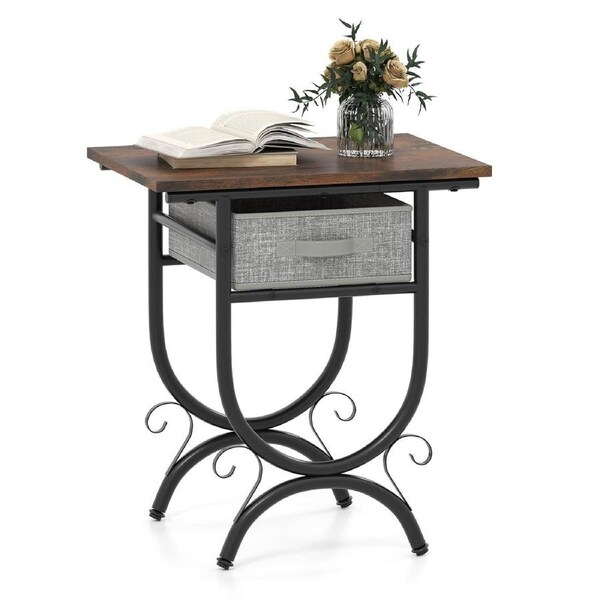 Giantex Side Table Compact Nightstand w/Fabric Drawer Carved Metal Frame Bedside End Table