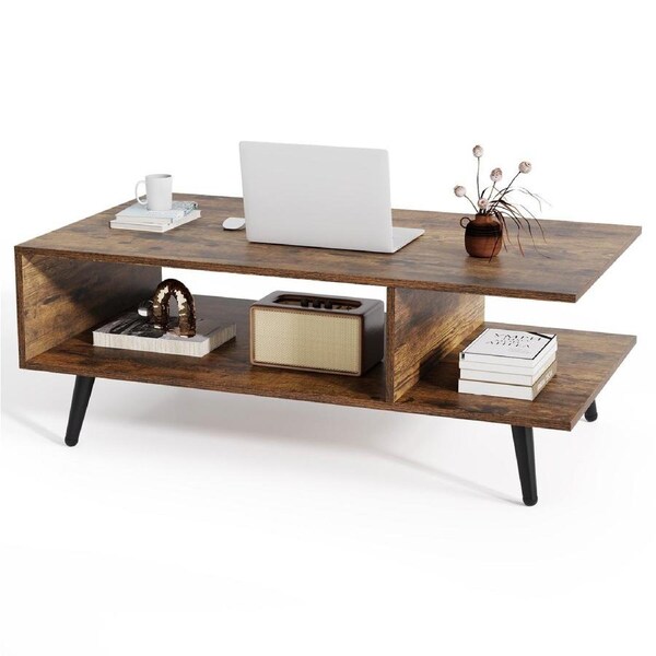Giantex 2-Tier Rectangle Coffee Table Modern Center Table Metal Frame Tea Cocktail Table Brown