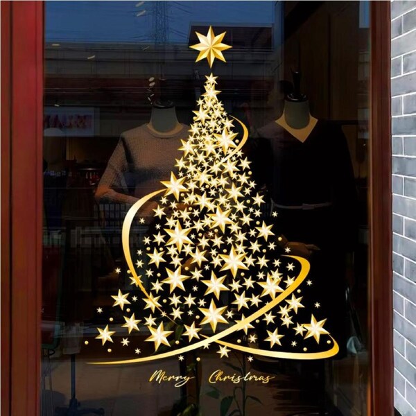 JOYBUY 1/2PC Large Golden Christmas Tree Window Clings Stickers for Glass Xmas Decals