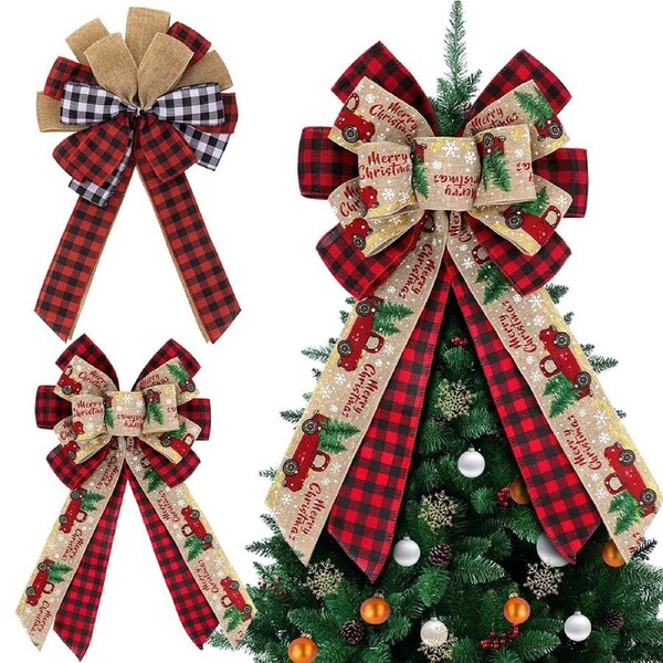 JOYBUY 2 Pack Christmas Bows Wreath Decorations Buffalo Plaid Xmas Tree Topper Ornament