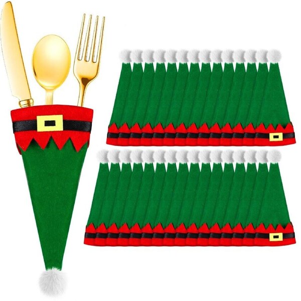 JOYBUY 20/30pcs Christmas Cutlery Holder Set Mini Santa Hat Fork Tableware Holder Bag