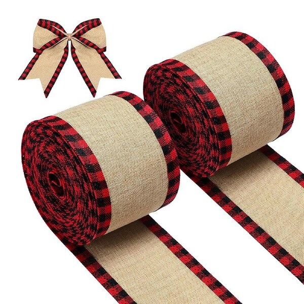 JOYBUY 2 Rolls Christmas Buffalo Plaid Wrapping Ribbon Rolls with Checkered Edge