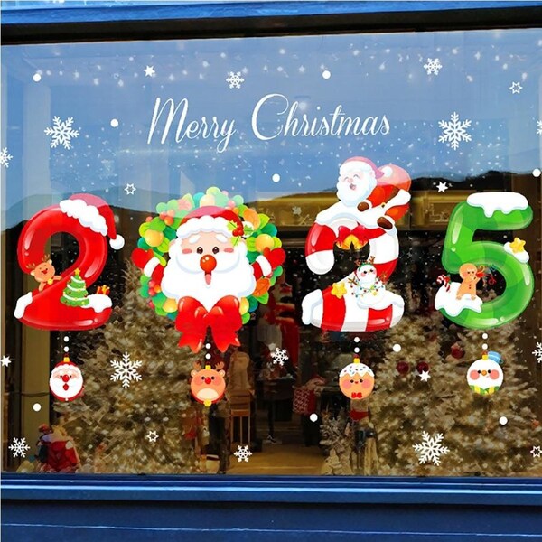 JOYBUY 2024 Merry Christmas Window Clings Santa Claus Snowman Xmas Window Stickers