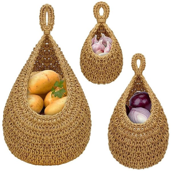 JOYBUY 3 Pack Jute Wall Hanging Vegetable Fruit Baskets for Kitchen