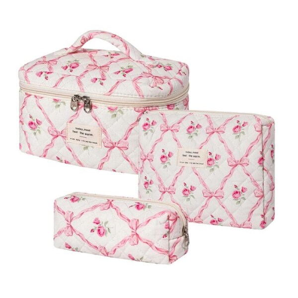 JOYBUY 3PCS Makeup Bag Set Large Quilted Cosmetic Bag Travel Toiletry Organizer Bags
