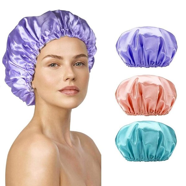 JOYBUY 3Pack Reusable Shower Caps for Women Double Waterproof Layers Bathing Shower Hat