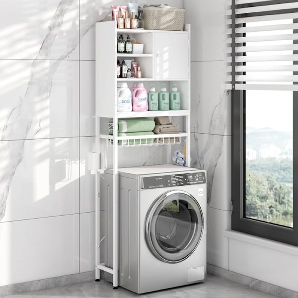 Advwin Over The Toilet Storage Cabinet w/ Door 170cm Over Toilet Bathroom Organizer w/ Paper Holder and Hooks Space Saving White