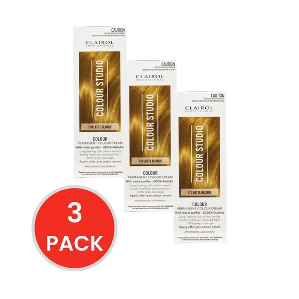 Clairol Professional Permanent Hair Cream Colour Studio 7/0 Latte Blonde (3x Pack)