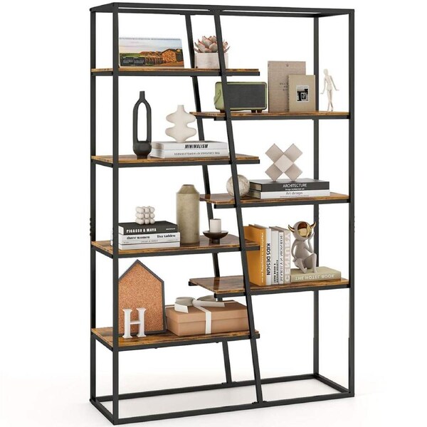 Costway 7 Tier Zigzag Industrial Bookshelf 180cm Heavy Duty Metal Frame Rustic Brown Home Office Storage