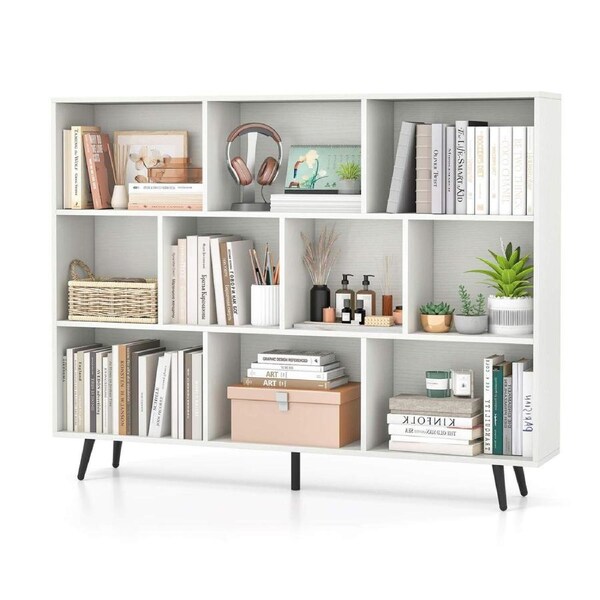 Costway 3-Tier 140 cm Bookcase 10 Cube Bookshelf w/Metal Angled Legs Storage Display Organizer White