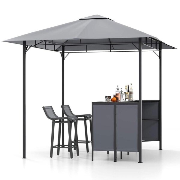 Costway 3-Piece Patio Bar Set 2.5 x 2.5 m Double-Tier Grill Gazebo w/2 Bar Stools Metal Frame Garden BBQ
