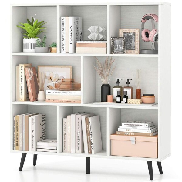 Costway 3-Tier Bookcase 8 Cube Bookshelf w/Metal Angled Legs Storage Display Organizer White