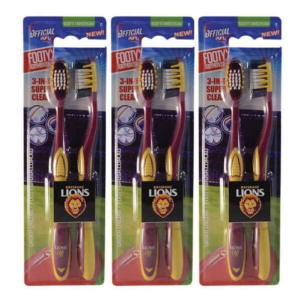 3x 2pc AFL Toothbrush Brisbane Lions Dental Oral Teeth Clean Care Soft/Medium