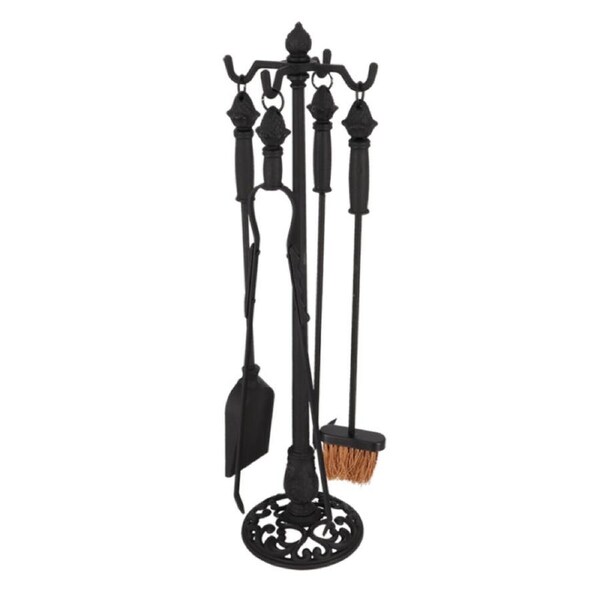 4pc Esschert Design Cast Iron Freestanding Fireplace Tool Set Black Finish