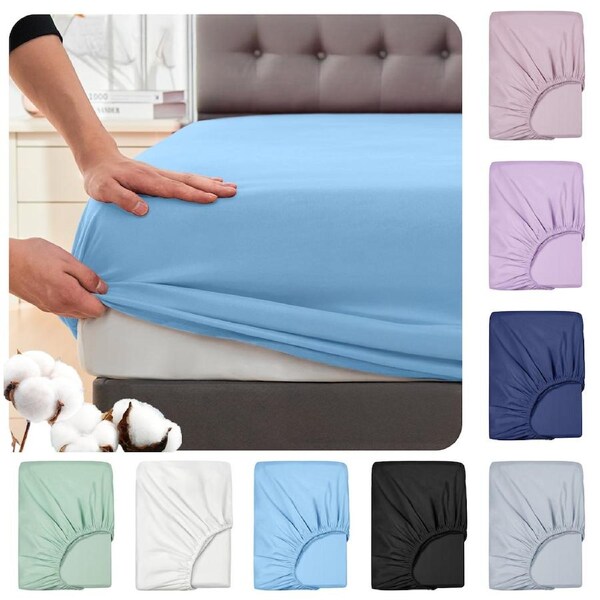 LINENOVA Premium 100% Cotton Fitted Sheet Ultra Soft Breathable For All Seasons Deep Pocket Up to 40CM Single / Light Blue