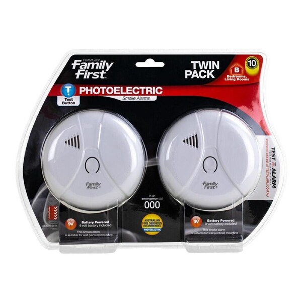 Family First Photoelectric Smoke Alarm Twin Pack Bedroom Living Room w/Test Btn