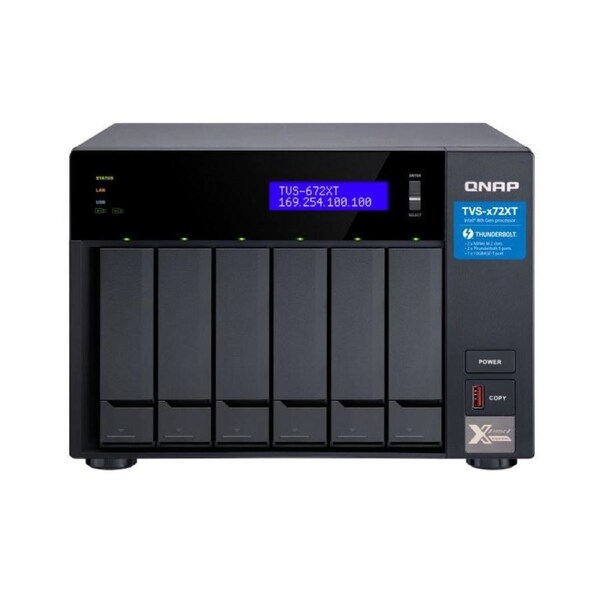 QNAP TVS-672XT-I3-8G 6 Bay NAS ntel Core i3-8100T 4-core 3.1 GHz 8GB DDR4 Hot-swappable 2xM.2 2280 PCIe 2xGbE 1x10GBase-T 2xThunderbolt 3 1x3.2USB