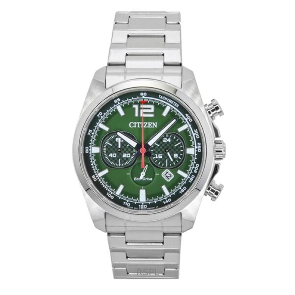 Citizen Eco-Drive Solar Movement CA4640-50X Mens Watch Chronograph Tachymeter Stainless Steel Green Dial 100M Date Display
