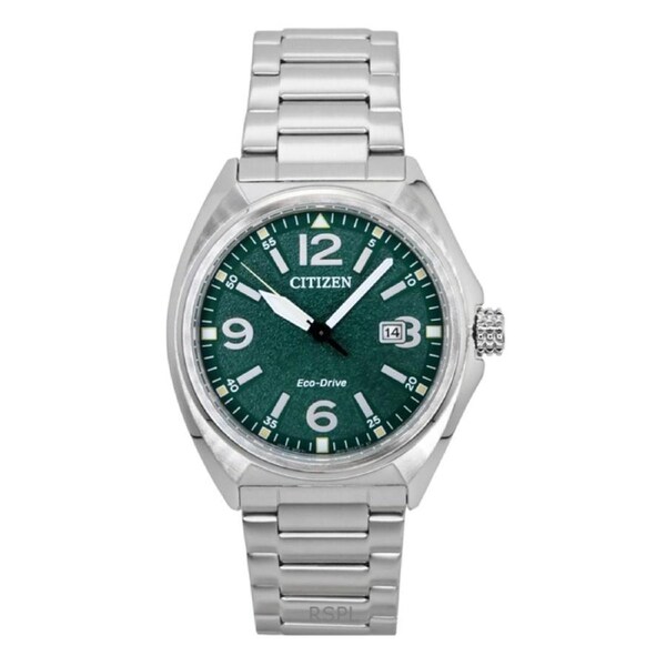 Citizen Eco-Drive Solar Movement AW1571-76X Mens Watch Stainless Steel Green Dial 100M Date Display