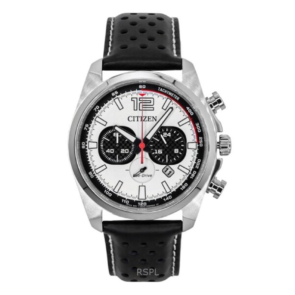 Citizen Eco-Drive Solar Movement CA4640-09A Mens Watch Chronograph Tachymeter Leather Strap White Dial 100M Date Display
