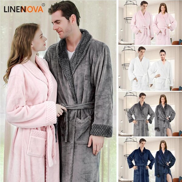 LINENOVA Flannel Bathrobe Night Gown Soft Warm Fluffy Long Spa Bath Robe With Shawl Collar For Unisex S/M / Charcoal
