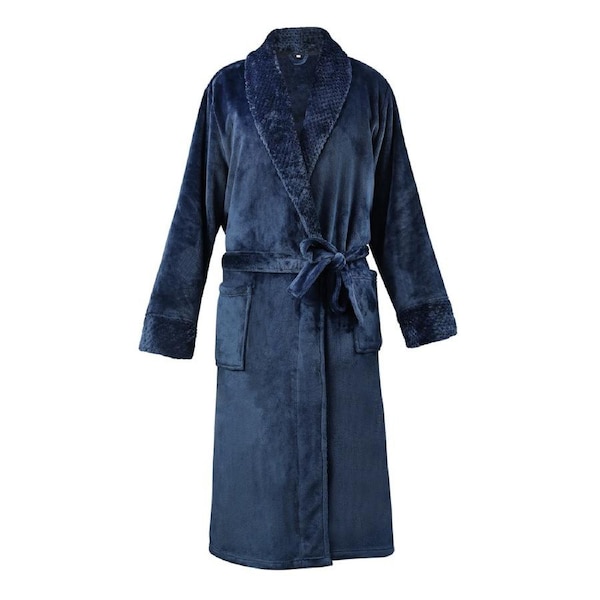 LINENOVA Flannel Bathrobe Night Gown Soft Warm Fluffy Long Spa Bath Robe With Shawl Collar For Unisex S/M / Navy
