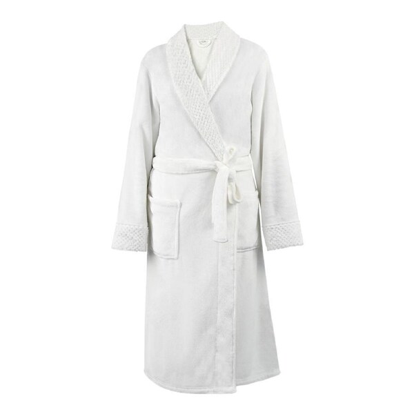 LINENOVA Flannel Bathrobe Night Gown Soft Warm Fluffy Long Spa Bath Robe With Shawl Collar For Unisex L/XL / White