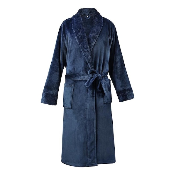 LINENOVA Flannel Bathrobe Night Gown Soft Warm Fluffy Long Spa Bath Robe With Shawl Collar For Unisex L/XL / Navy