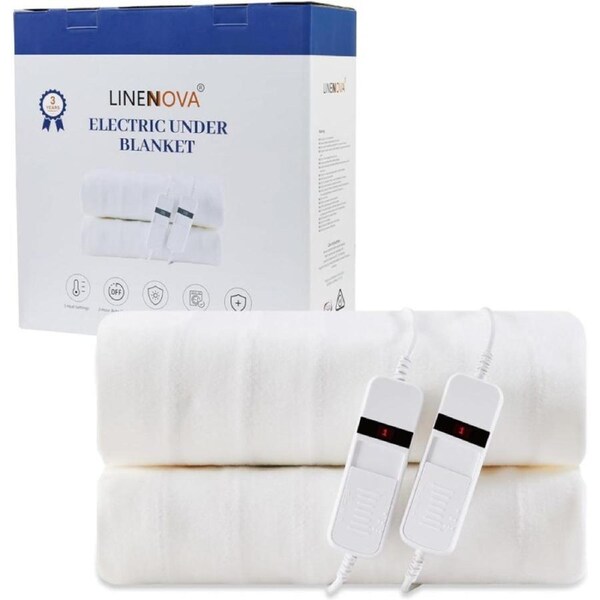 LINENOVA Electric Blanket King, Fully Fitted Heated Underblanket with Dual Controls, 3 Heat Settings, Auto-Off Timer, Safety Overheat Protection, Machine Washable Zone Heating