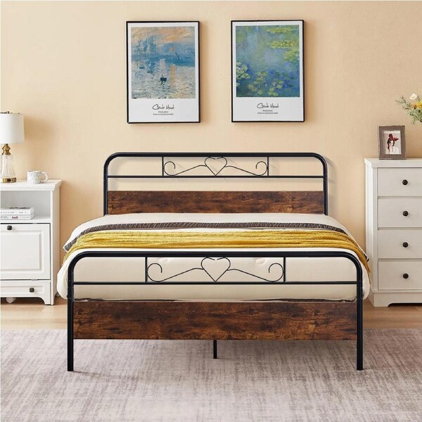 Foret Bed Frame Metal Queen Double King Single Full Size Modern Wooden Headboard Mattress Base Steel Bedroom DOUBLE02