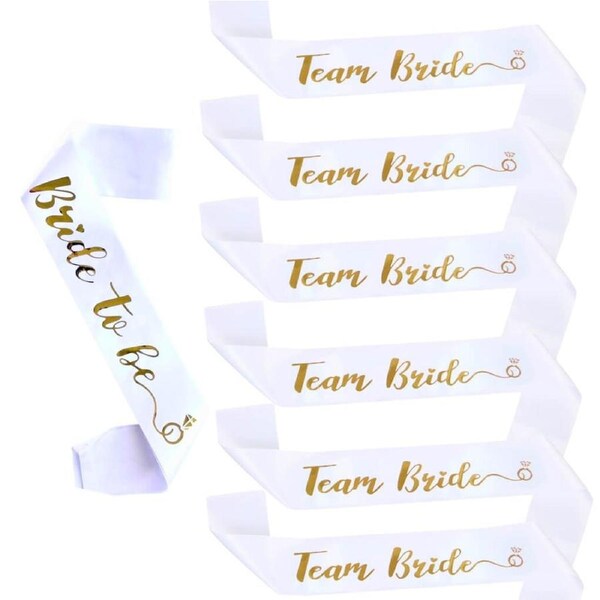 White 'Bride To Be' & 'Team Bride' w/ Diamond Ring Sashes 7pk