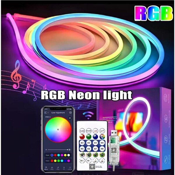 USB Neon Strip Light Waterproof RGBIC LED Tape Lamp 5M, Bluetooth Control