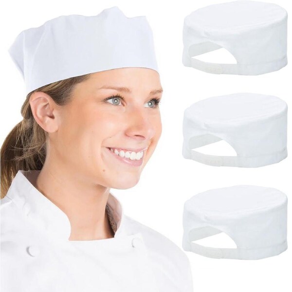 Portwest 3 Pack S899 Chefs Skull Cap Adjustable Water Resistant Hat Bulk White for Men & Women Kitchen Cooking Baker Restaurants Catering