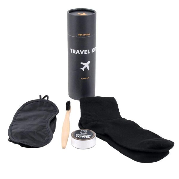 Travel Kit Tube with Eye Mask, Socks, Bamboo Toothbrush & Compressed Towel – 4pc Set