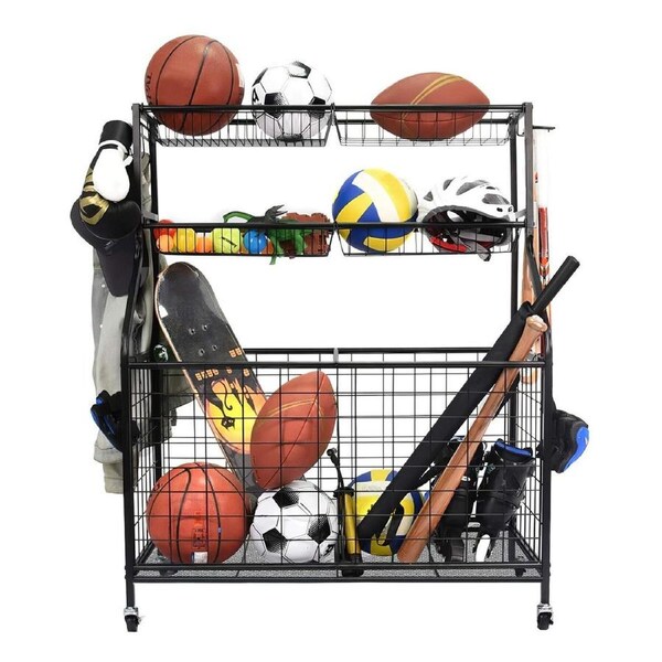 All-in-one Ball Storage Rack Gym Sports Equipment Garage Organiser Basketball Holder Toy Cart Baseball Bat Yoga Mat Dumbbell with Wheels Hooks Metal
