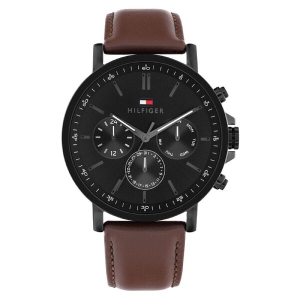 Tommy Hilfiger Dark Brown Leather Black Dial Multi-function Men's Watch - 1710704