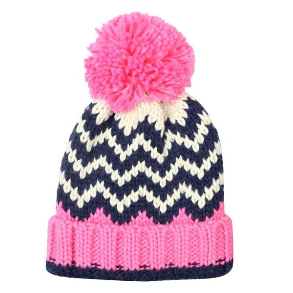 Foote Street Chevron Beanie With Pom Pom For Kids S/M - Pink/Navy - 3Y-6Y