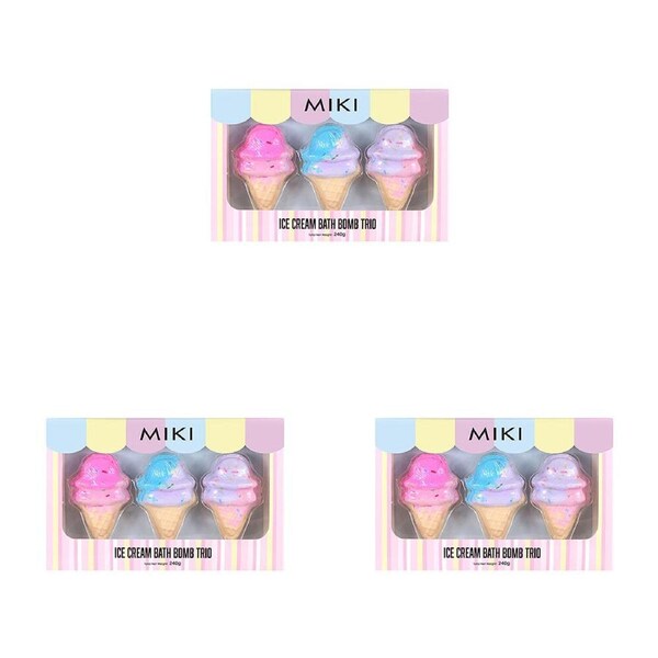 3PK Miki Ice Cream Bath Bomb Trio Strawberry Bubblegum Marshmallow Scent - 3y+