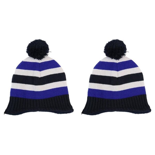 2PK Foote Street Unisex Multi Stripe Beanie w/ Pom Pom Kids M/L Blue 7Y-10Y