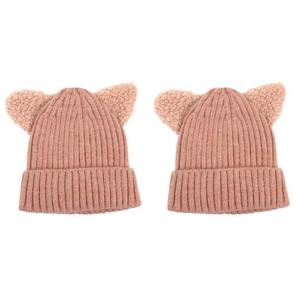 2PK Foote Street Kitty Beanie For Toddler Winter Cap - Dusty Pink - 8M-2Y