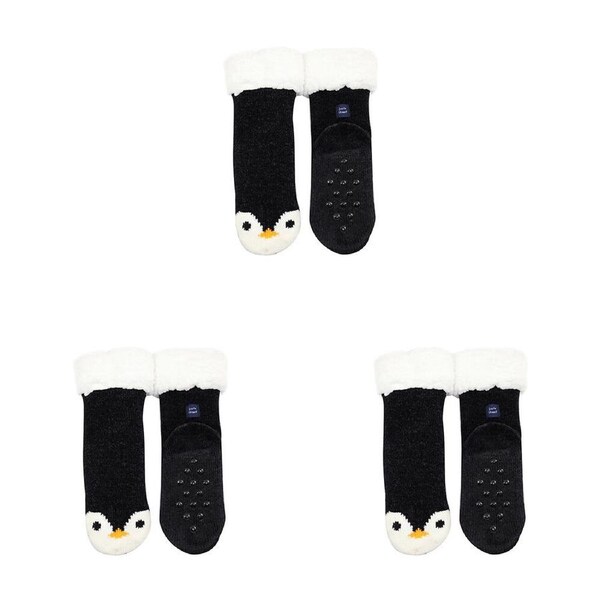 3PK Foote Street Slipper Socks Penguin Chenille For Kids - Black - 3Y+